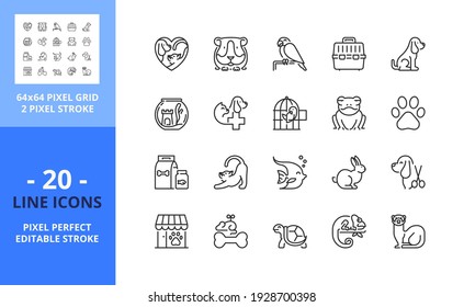 Line icons about pets and vet. Contains such icons as cat, dog, fish, exotic and domestic animals, pet friendly, and pet care. Editable stroke. Vector - 64 pixel perfect grid