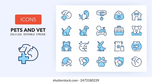 Line icons about pets and vet. Contains such icons as grooming, pet friendly, supplies and more. 256x256 Pixel Perfect editable in two colors