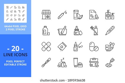 Line icons about pharmacy. Health care. Contains such icons as diet, pills, sanitizer, rx, vaccine, thermometer, pregnancy test, and band aid. Editable stroke. Vector - 64 pixel perfect grid.