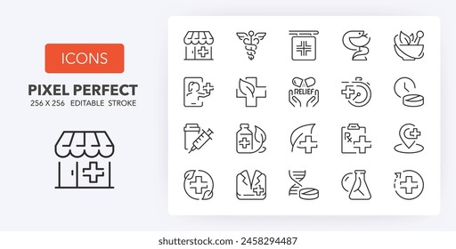 Iconos de línea sobre farmacia y medicamentos. Contiene iconos como tratamientos, naturopatía, dosis y más. Trazo de Vector editable 2 de 2 Conjuntos. 256 Píxeles Perfecto escalable a 128px...