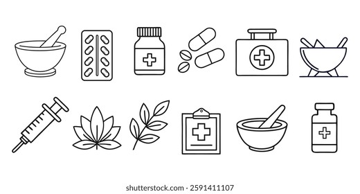 Line icons about pharmacy and medication. Contains such icons as treatments, naturophaty, dose and more. Editable vector stroke