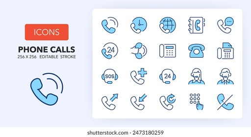 Iconos de línea sobre teléfono y llamadas. Contiene iconos como centro de llamadas, emergencia, servicio 24h y más. 256x256 Píxel Perfecto editable en dos colores