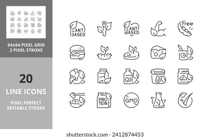 Line icons about plant based diet. Editable vector stroke. 64 and 256 Pixel Perfect scalable to 128px...