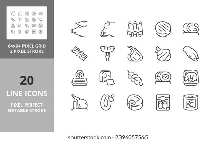 Line icons about pork meats products. Editable vector stroke. 64 and 256 Pixel Perfect scalable to 128px...