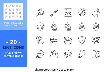 Line icons about pregnancy and baby. Contains such icons as baby boy, baby girl, pacifier, breastfeeding, clothes, room, feeding bottle and stroller. Editable stroke. Vector - 64 pixel perfect grid