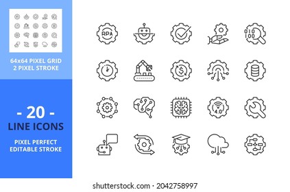 Line icons about process automation. Contains such icons as robotic, algorithm, artificial intelligence, big data, deep and machine learning. Editable stroke. Vector - 64 pixel perfect grid