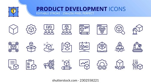 Line icons about product development. Contains such icons as design, testing, branding, marketing and production. Editable stroke Vector 256x256 pixel perfect
