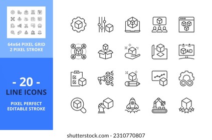 Iconos de línea sobre el desarrollo de productos. Contiene iconos como diseño, pruebas, marca, marketing y producción. Trazo editable. Vector: cuadrícula perfecta de 64 píxeles