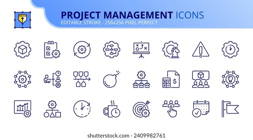 Line icons about project management. Contains such icons as workflow, task, to do list, timeline and deadline. Editable stroke. Vector 256x256 pixel perfect.