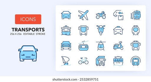 Iconos de línea sobre el transporte público y privado. Contiene iconos tales como metro, avión, bicicleta y más. 256x256 Pixel Perfecto editable en dos colores