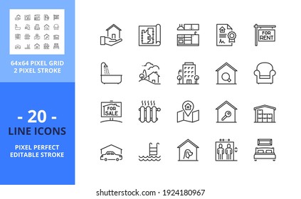 Line icons about real estate. Contains such icons as houses for rent and for sale. Editable stroke. Vector - 64 pixel perfect grid