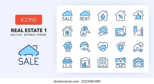 Line icons about real estate. Contains such icons as sale, location, industrial warehouse and more. 256x256 Pixel Perfect editable in two colors. Set 1 of 2