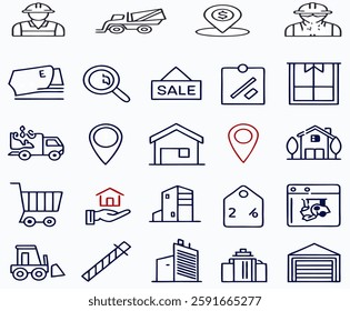 Line icons about real estate. Contains such icons as sale, location, industrial warehouse and more.