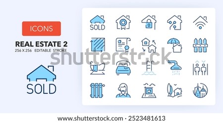 Line icons about real estate. Contains such icons as property, garden, insurance and more. 256x256 Pixel Perfect editable in two colors. Set 2 of 2