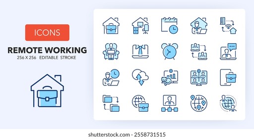 Line icons about remote working and work at home. Contains such icons as network, video meeting, repository and more. 256x256 Pixel Perfect editable in two colors