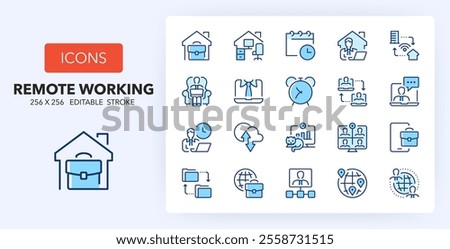 Line icons about remote working and work at home. Contains such icons as network, video meeting, repository and more. 256x256 Pixel Perfect editable in two colors