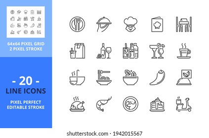 Line icons about restaurant. Contains such icons as food and drink, delivery, menu, take away and table reserved. Editable stroke. Vector - 64 pixel perfect grid