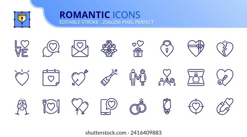 Zeilensymbole zum Thema Romantik. Enthält Symbole wie Valentinstag, Hochzeit, Ringe, Engagement, Einladungen und Bouquet. Bearbeitbarer Strich. Vector 256x256 Pixel perfekt.