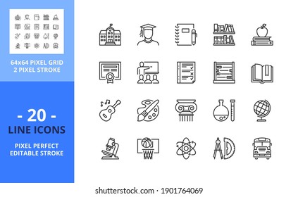 Line icons about school. Contains such icons as education, student, library, bus, subjects, textbook and notebook. Editable stroke. Vector - 64 pixel perfect grid