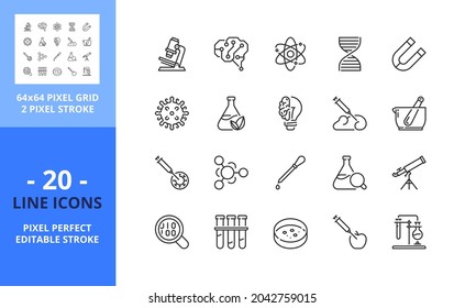 Line icons about science. Contains such icons as laboratory, vaccine,  chemistry, artificial intelligence, gmo, and nano technology. Editable stroke. Vector - 64 pixel perfect grid