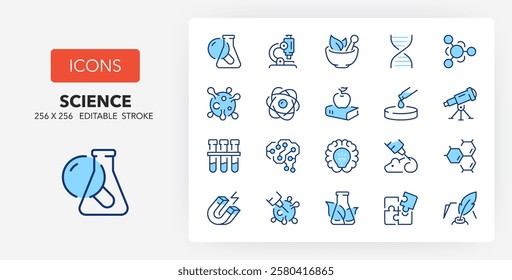 Line icons about science. Contains such icons as nano technology, artificial intelligence, gmo and more. 256x256 Pixel Perfect editable in two colors