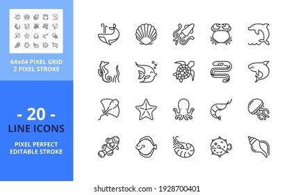 Line icons about sea animals. Contains such icons as octopus, tropical fish, whale, clownfish, dolphin, shark, seahorse, crab and clam. Editable stroke. Vector - 64 pixel perfect grid