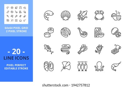 Line icons about seafood. Contains such icons as fish, shellfish, tuna, mollusks, crab, soup, sushi, canned fish, and octopus. Editable stroke. Vector - 64 pixel perfect grid