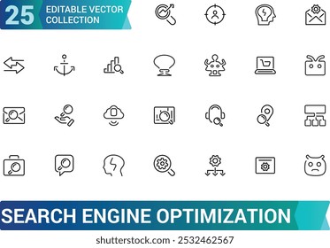 Line icons about search engine optimization. Contains such icons as SEO, target, and content development. Editable stroke. Pixel perfect thin web and ui icon pack.