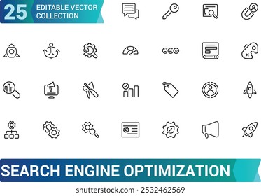 Line icons about search engine optimization. Contains such icons as SEO, target, and content development. Editable stroke. Pixel perfect thin web and ui icon pack.