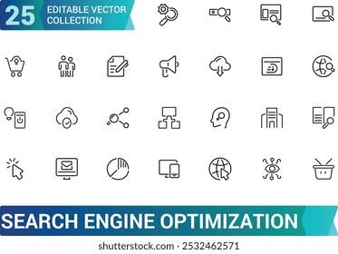 Line icons about search engine optimization. Contains such icons as SEO, target, and content development. Editable stroke. Pixel perfect thin web and ui icon pack.