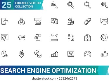 Line icons about search engine optimization. Contains such icons as SEO, target, and content development. Editable stroke. Pixel perfect thin web and ui icon pack.