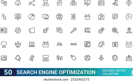 Line icons about search engine optimization. Contains such icons as SEO, target, and content development. Editable stroke. Pixel perfect thin web and ui icon pack.