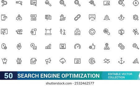 Line icons about search engine optimization. Contains such icons as SEO, target, and content development. Editable stroke. Pixel perfect thin web and ui icon pack.