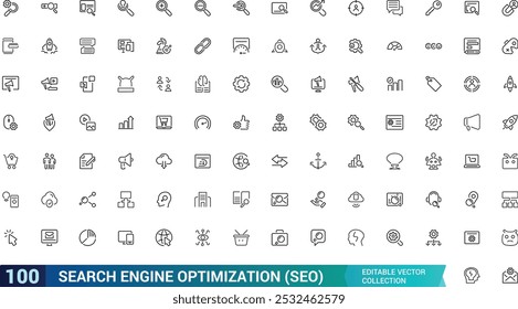 Line icons about search engine optimization. Contains such icons as SEO, target, and content development. Editable stroke. Pixel perfect thin web and ui icon pack.