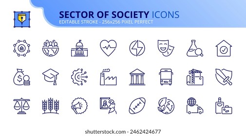 Line icons about sector of society. Contains such icons as education, health care, transport, industry, finance, justice and agriculture. Editable stroke. Vector 256x256 pixel perfect.