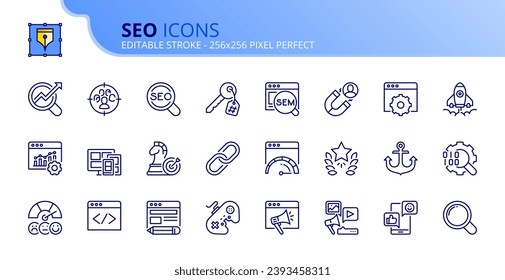 Line icons about SEO. Contains such icons as search engine optimization, target, keywording and content development. Editable stroke. Vector 256x256 pixel perfect.