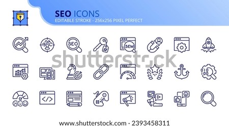 Line icons about SEO. Contains such icons as search engine optimization, target, keywording and content development. Editable stroke. Vector 256x256 pixel perfect.