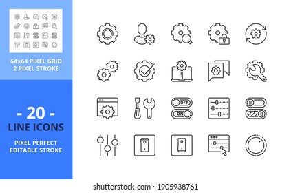 Line icons about settings and controls. Contains such icons as interface, application, on, off, button, options and maintenance. Editable stroke. Vector - 64 pixel perfect grid