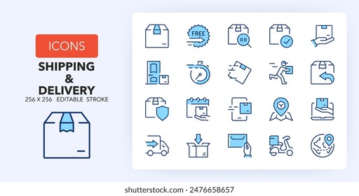 Line icons about shipping and delivery. Contains such icons as box, express service, tracking and more. 256x256 Pixel Perfect editable in two colors