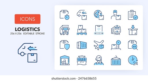 Line icons about shipping and logistics. Contains such icons as distribution, transportation, insurance and more. 256x256 Pixel Perfect editable in two colors