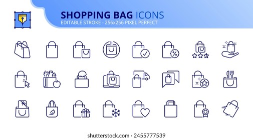 Line icons about shopping bag. Contains such icons as gift, fast shopping, delivery and shopping checked. Editable stroke. Vector 256x256 pixel perfect.