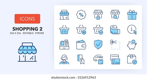 Line-Icons über Shopping und E-Commerce. Enthält Symbole wie speichern, info, Einkaufskorb und mehr. 256x256 Pixel Perfekt editierbar in zwei Farben. Satz 2 von 3