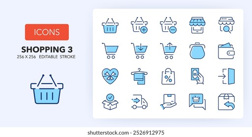 Iconos de línea sobre compras y comercio electrónico. Contiene iconos tales como descuento, orden, métodos de pago y más. 256x256 Pixel Perfecto editable en dos colores. Conjunto 3de 3