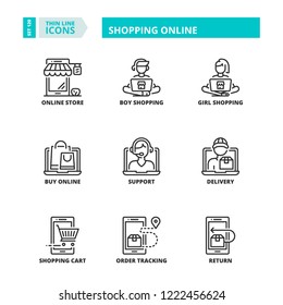 Line icons about shopping online. Store