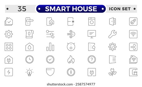 Line icons about smart house. Sustainable development. Contains such icons as renewable energy, autonomous building, air and water quality.
