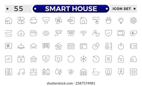 Line icons about smart house. Sustainable development. Contains such icons as renewable energy, autonomous building, air and water quality.
