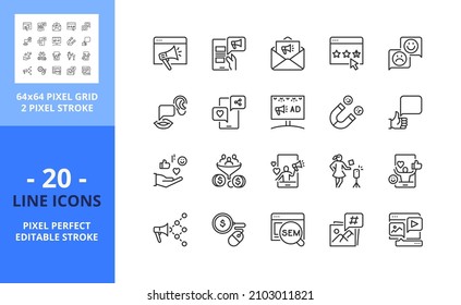 Iconos de línea sobre marketing en medios sociales. Contiene íconos como SEM, seguidores, contenido, clasificación, y, testimonios, influenciador y viral. Trazo editable. Vector: cuadrícula perfecta de 64 píxeles