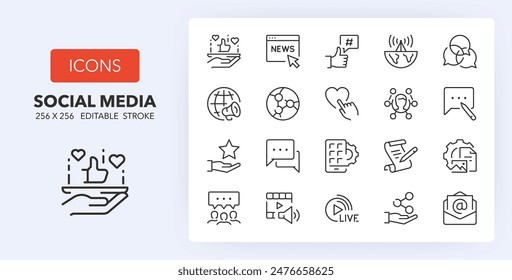 Iconos de línea sobre medios sociales. Contiene iconos como red, marketing digital, Internet y más. Trazo de Vector editable. 256 Píxeles Perfecto escalable a 128px...