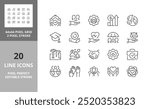 Line icons about social policies. Contains such icons as social services, legislative development, administration transparency and more. Editable vector stroke. 64 and 256 Pixel Perfect.