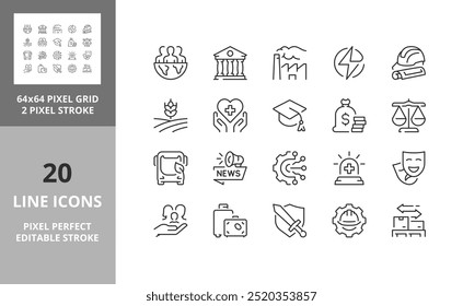 Ícones de linha sobre setores da sociedade. Contém ícones como indústria, setores públicos, comércio e muito mais. Traçado vetorial editável. 64 e 256 Pixel Perfeito escalável para 128px...